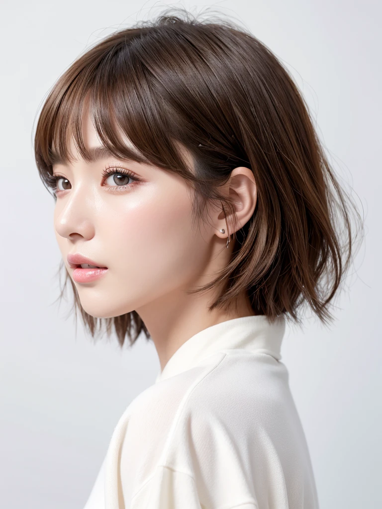 (Highest quality、Tabletop、8K、Best image quality、Award-winning works)、((profile:1.4))、ear、((short hair:1.46)),(Brown Hair)、(White casual wear:1.2)、(The simplest pure white background:1.3)、(Perfectly fixed in front:1.1),(Portrait with Space:1.2)、Beautiful and exquisite、Perfect Makeup、Ultra-high definition beauty face、Ultra HD Hair、Ultra HD Shining Eyes、Super high quality glossy lip、Accurate anatomy、Very beautiful skin、(Pure white skin shining in ultra-high resolution:1.1)、(Very bright:1.2),Big Natural Color Lip、Lip gloss,Harajuku、cute、cute美人