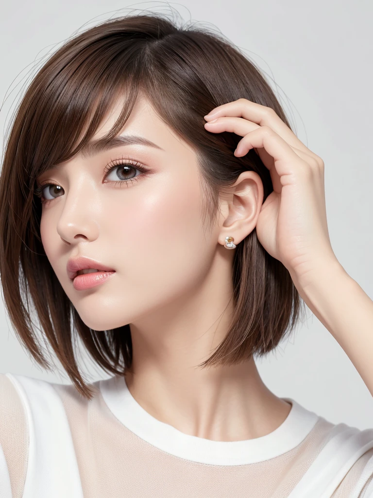 (Highest quality、Tabletop、8K、Best image quality、Award-winning works)、((profile:1.4))、ear、((short hair:1.46)),(Brown Hair)、(White casual wear:1.2)、(The simplest pure white background:1.3)、(Perfectly fixed in front:1.1),(Portrait with Space:1.2)、Beautiful and exquisite、Perfect Makeup、Ultra-high definition beauty face、Ultra HD Hair、Ultra HD Shining Eyes、Super high quality glossy lip、Accurate anatomy、Very beautiful skin、(Pure white skin shining in ultra-high resolution:1.1)、(Very bright:1.2),Big Natural Color Lip、Lip gloss,Harajuku、cute、cute美人