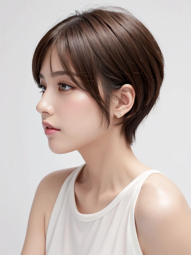 (Highest quality、Tabletop、8K、Best image quality、Award-winning works)、((profile:1.4))、ear、((short hair:1.46)),(Brown Hair)、(White casual wear:1.2)、(The simplest pure white background:1.3)、(Perfectly fixed in front:1.1),(Portrait with Space:1.2)、Beautiful and exquisite、Perfect Makeup、Ultra-high definition beauty face、Ultra HD Hair、Ultra HD Shining Eyes、Super high quality glossy lip、Accurate anatomy、Very beautiful skin、(Pure white skin shining in ultra-high resolution:1.1)、(Very bright:1.2),Big Natural Color Lip、Lip gloss,Harajuku、cute、cute美人
