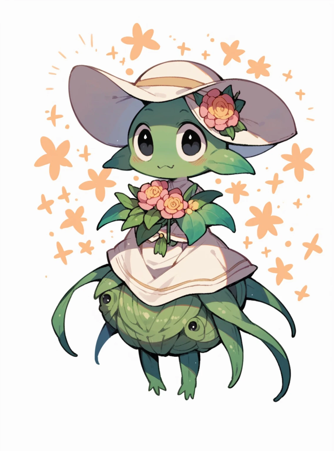 (Cute flower monster:1.5), (sun hat Cestrum nocturnum in her head:1.2), big eyes, full black eyes, cleric outfit