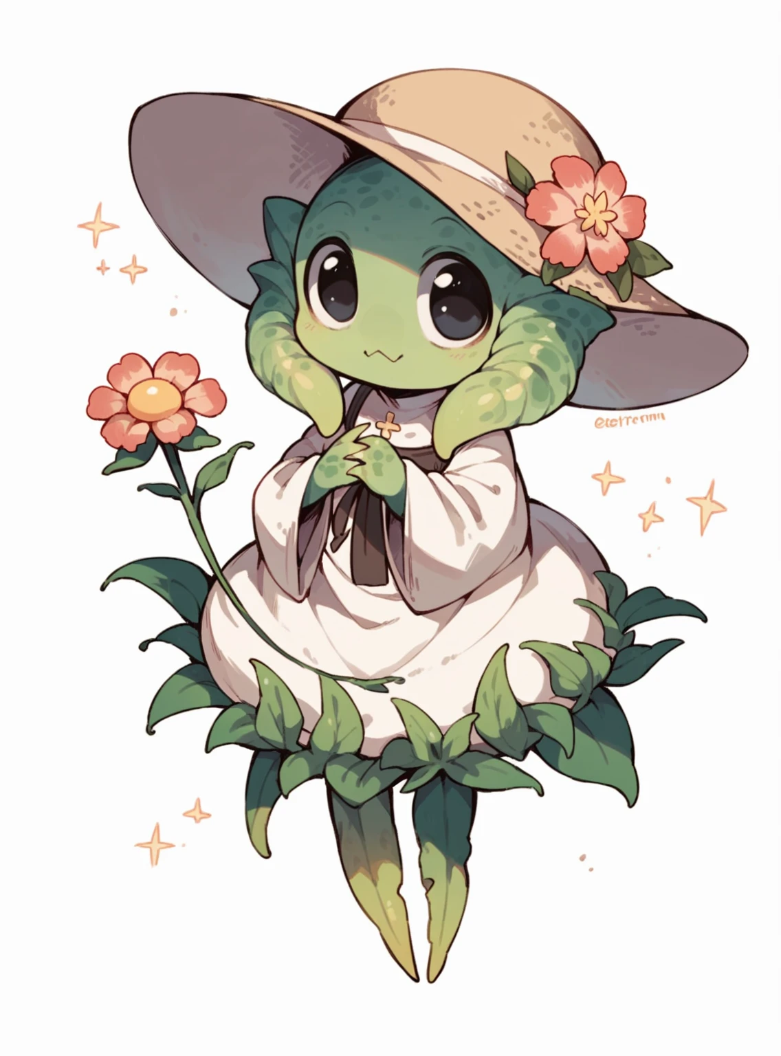 (Cute flower monster:1.5), (sun hat Cestrum nocturnum in her head:1.2), big eyes, full black eyes, cleric outfit