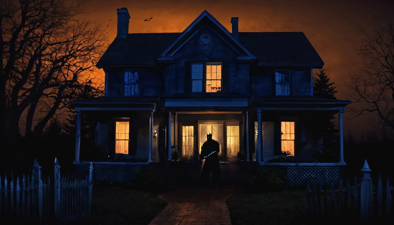 Create a YouTube thumbnail for a horror-themed video about home invasion stories. The overall aesthetic should be dark and eerie.

The setting is a suburban house at night.
The house should have a dim porch light illuminating the entrance.
A shadowy figure stands in the foreground, facing the house. The figure should be holding a weapon, such as a bat or crowbar.
The background should include some trees and a fence, adding to the suburban feel.
Use a dark color palette with shades of black, blue, and orange to emphasize the night setting.