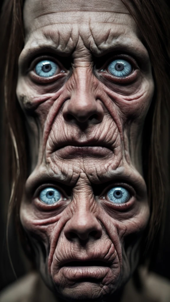 a woman with a horrifying face, extremely ugly and distorted features, sunken eyes, gaping mouth, rotting skin, a skeletal body, unhealthy and uncomfortable appearance, in a dark, unsettling horror atmosphere, highly detailed, photorealistic, 8k, best quality