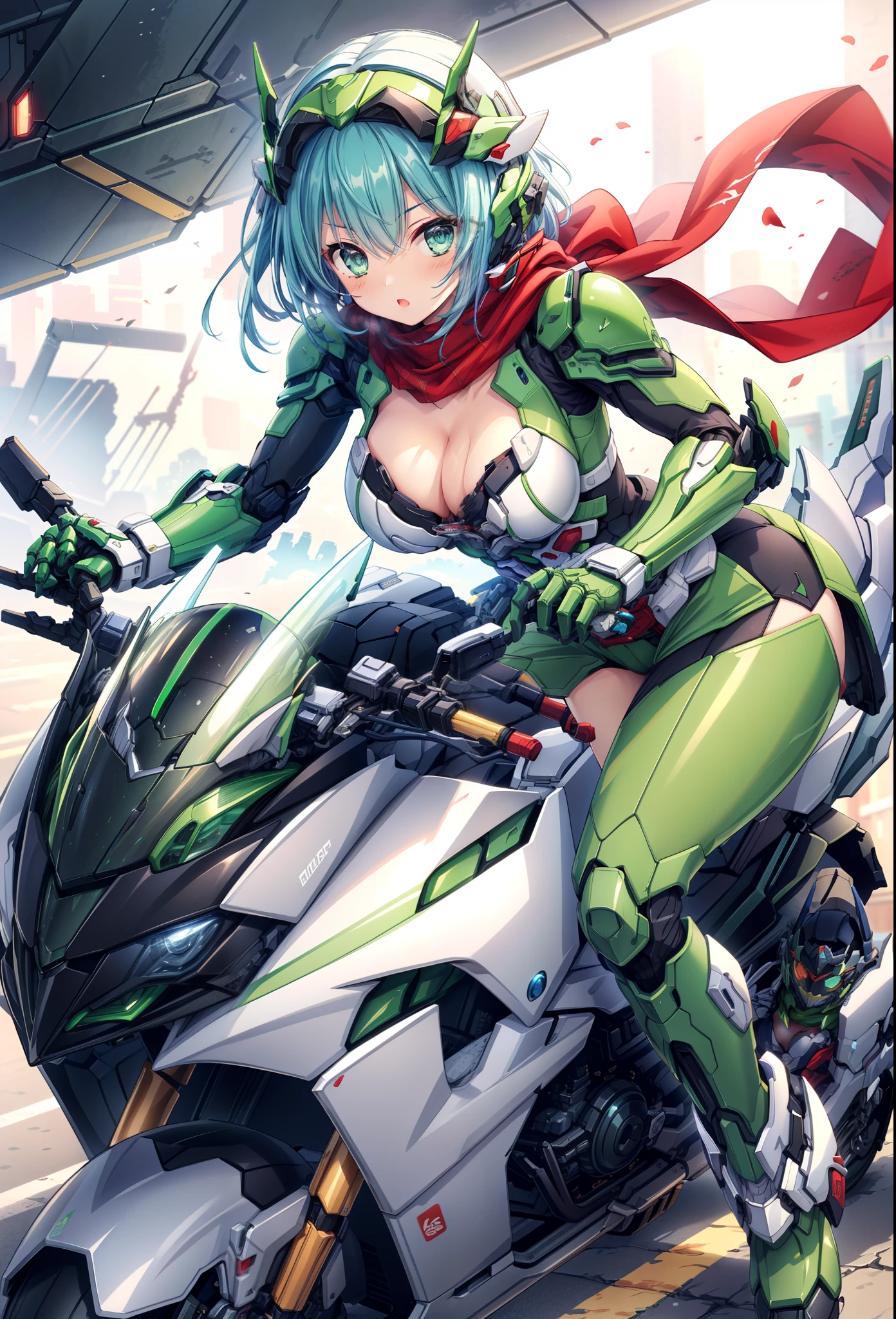 (masterpiece:1.2), best quality, high resolution, extremely detailed CG, absurdres, highres,1girl, solo, black and green powersuit, white armor, on a cyber motorcycle, thighs, cleavage, blue_hair,  red_scarf, mecha_armored, mecha_belt, headgear