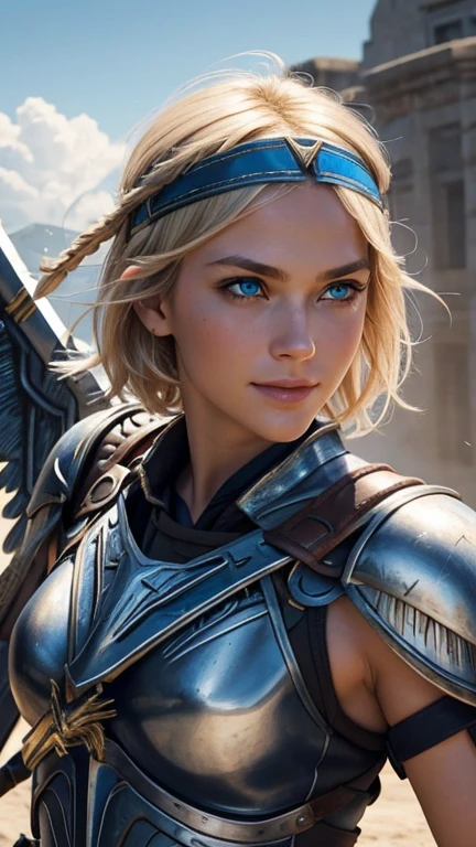 belligerent girl, Valkyrie, bold and beautiful, short blond hair, Blue eyes, smile, Predator's Gaze, Developing hair, A look over the shoulder, headband with metal wings, Sparkling steel, Bow and arrows, Weapon, heat of battle, battle, clouds, realistic photo, high quality, masterpiece, detailed study.