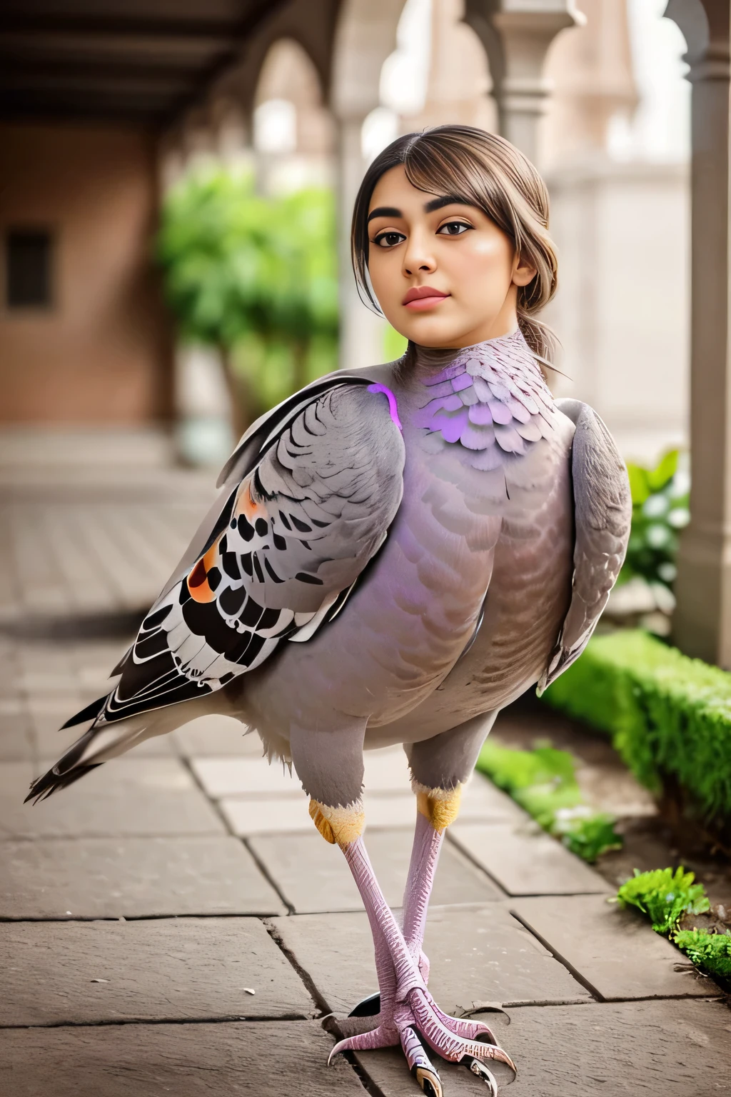 Hansika Motwani is a pigeon bird, She is a bird but her head looks like girl, from neck to full body looks like pigeon bird. Pigeon legs, pigeon wings. Bird body, pigeon body, perfect picture, perfect bird, real bird, Real head replace with real pigeon head. Exact Bird .