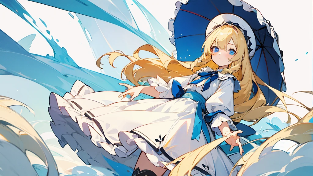 masterpiece，best quality，Long blond hair，White Lolita Skirt，White，Blue pupils，1 loli，Alice