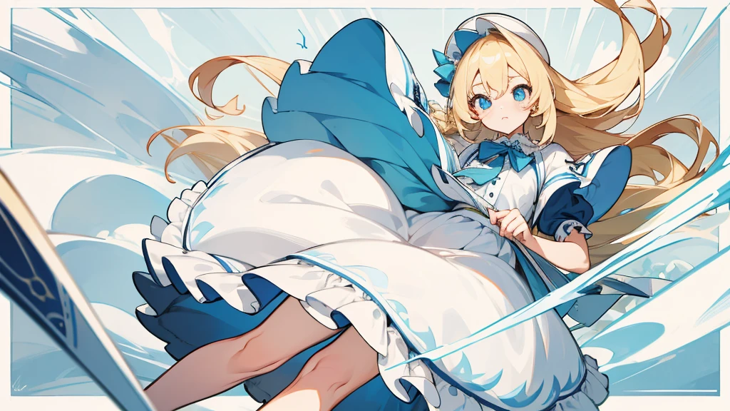 masterpiece,best quality,Long blond hair,White Lolita Skirt,White,Blue pupils,1 loli,Alice