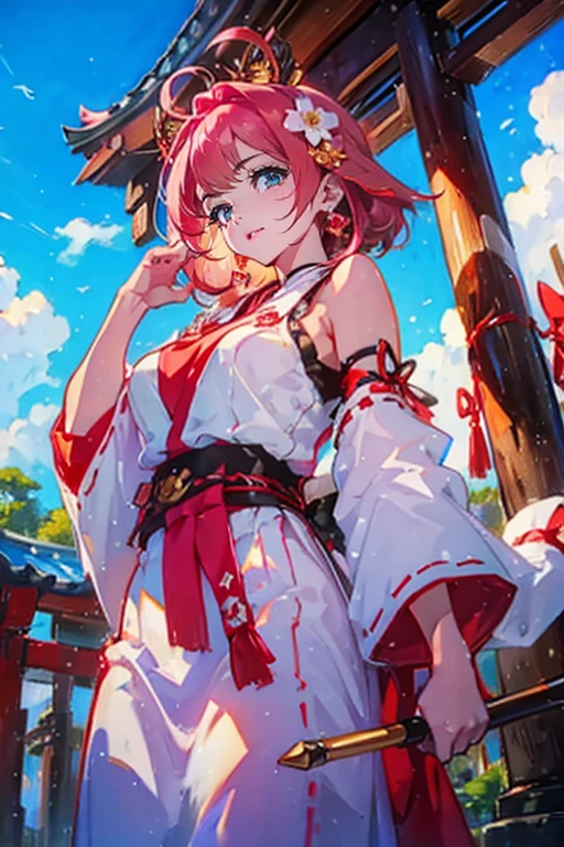 1girl,solo,cute,bigbreast,cleavage,shrine maiden,miko,miko clothes,at shrine