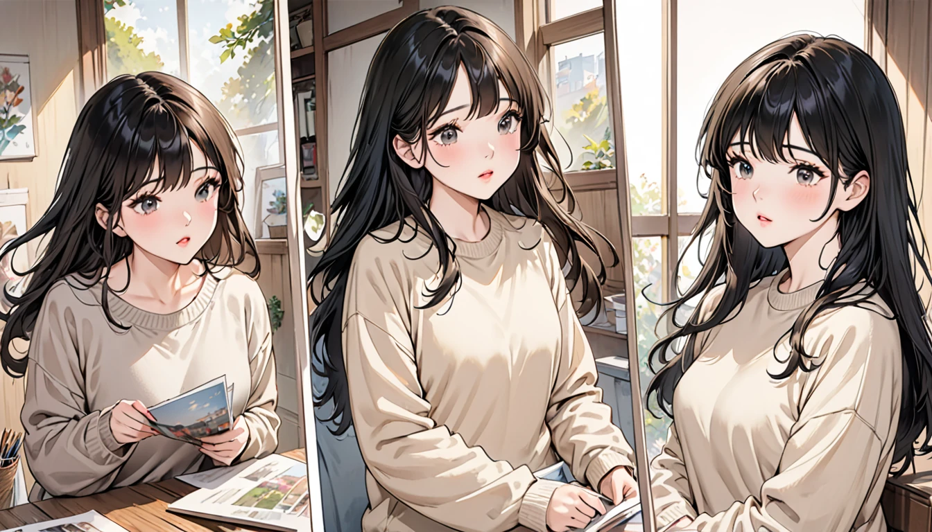 (Realistic painting style:1.0)、Female、masterpiece、Highest quality、Absurd、comics、An illustration、 1 girl、Long Hair、Black Hair、One Cute Girl、Young and pretty girl、Korean Girls、{chest}、 Long sleeve sweater、Long sleeve sweater、Beige sweater、