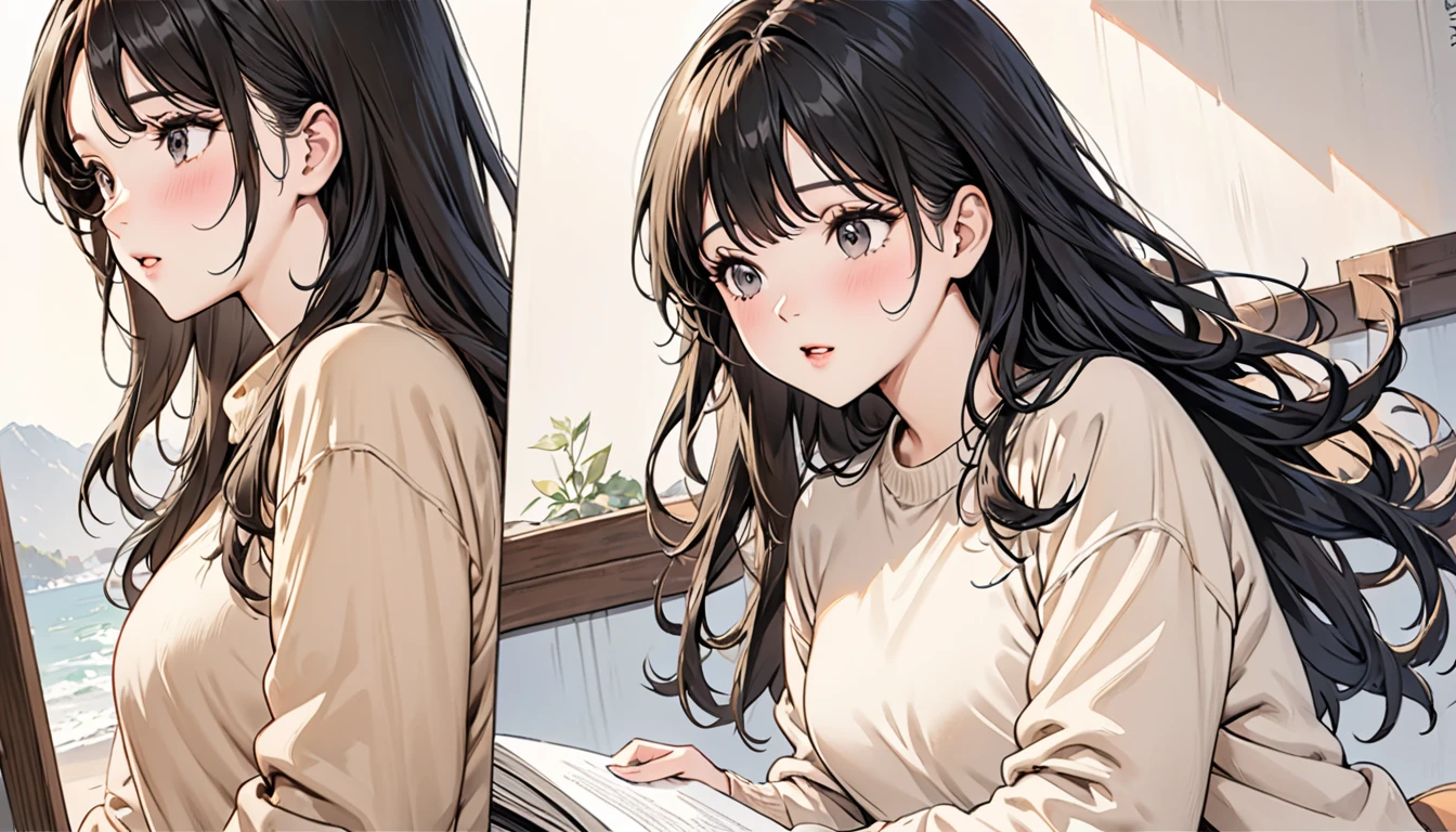 (Realistic painting style:1.0)、Female、masterpiece、Highest quality、Absurd、comics、An illustration、 1 girl、Long Hair、Black Hair、One Cute Girl、Young and pretty girl、Korean Girls、{chest}、 Long sleeve sweater、Long sleeve sweater、Beige sweater、