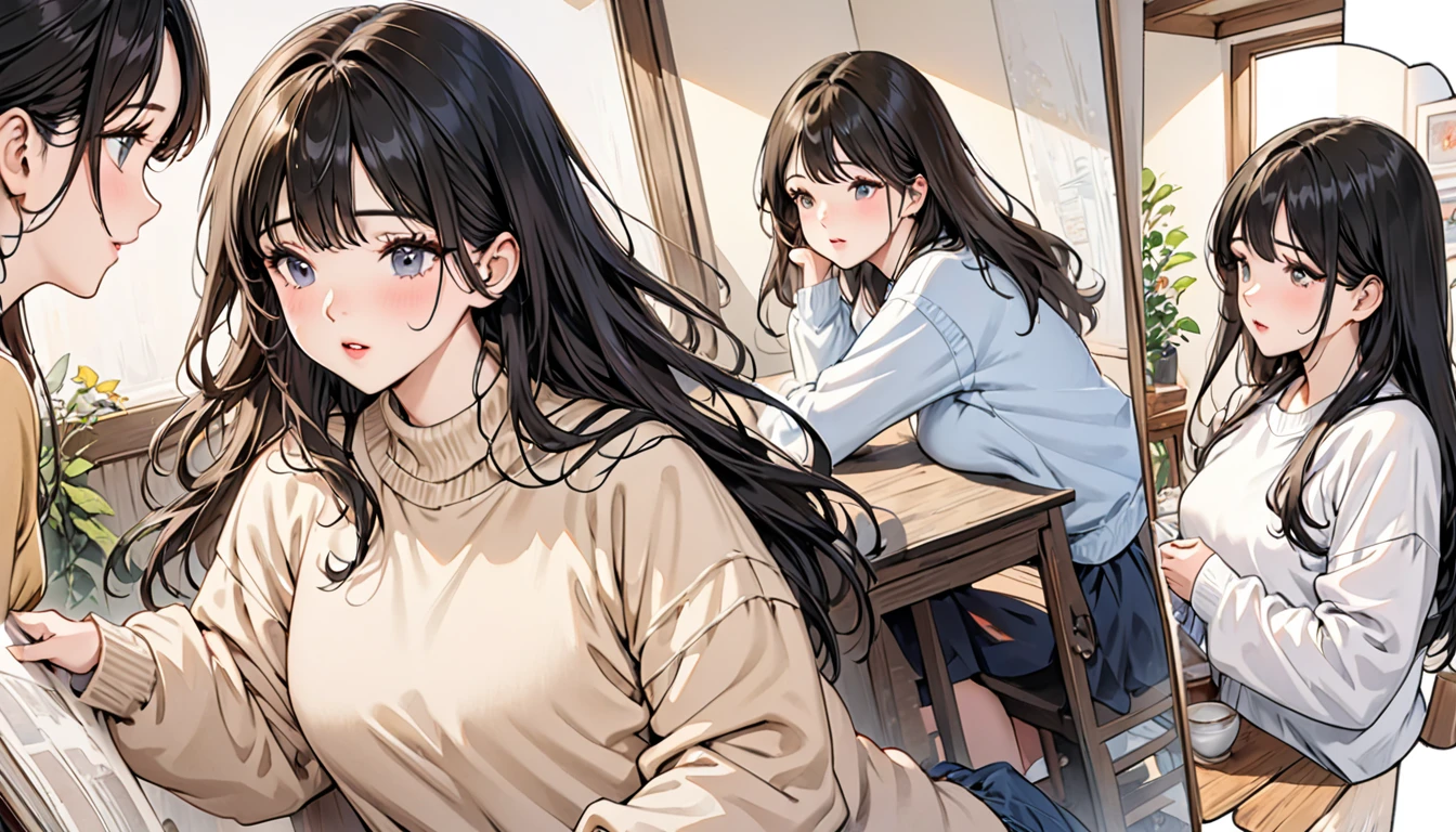 (Realistic painting style:1.0)、Female、masterpiece、Highest quality、Absurd、comics、An illustration、 1 girl、Long Hair、Black Hair、One Cute Girl、Young and pretty girl、Korean Girls、{chest}、 Long sleeve sweater、Long sleeve sweater、Beige sweater、