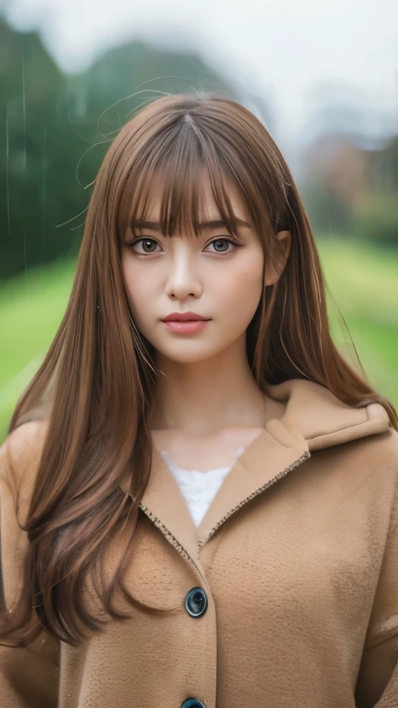 Best quality, 8k, ,Masterpiece :1.3)), facing viewer,((full body1.2)) ,pretty woman, wide shot ,1girl, , , rainy, , brown hair , bangs,ultra-detailed face, highly detailed lips, detailed eyes, double eyelid