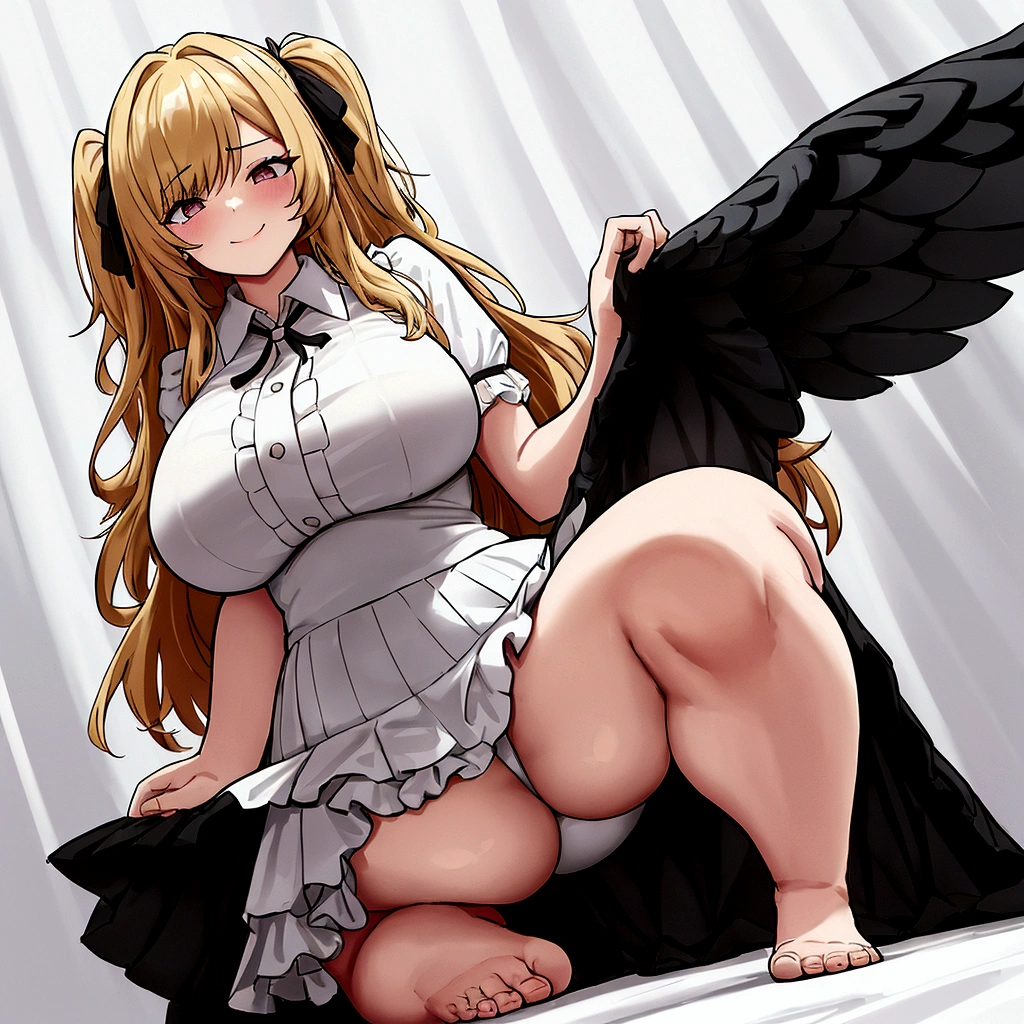 squatting,{full body},looking down from below,{foot focus},dynamic angle, dynamic cut,naughty smile,macrophilia,{white wings},{angel},{muscle},{very curvy},{gigantic breasts},very tall woman,very big woman,gigantic woman,bbw,{two side up},blonde hair,barefoot,cute dress shirt frills ribbon split corset skirt,best quality,solo,white background