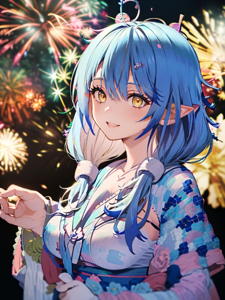 (masterpiece, Highest quality, Super detailed),One girl,((super fine illustration)),((cute eyes,highly detailed skin)),((smile)),((well endowed,Blessed,Captivating body、Detailed Background))、(yukata:1.5),firework,(大量のfirework,Night view,Ocean)、Festivals, full body