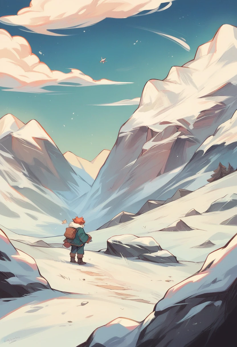 Draw an illustration for a fairy tale: a boy sledding down a mountain in winter