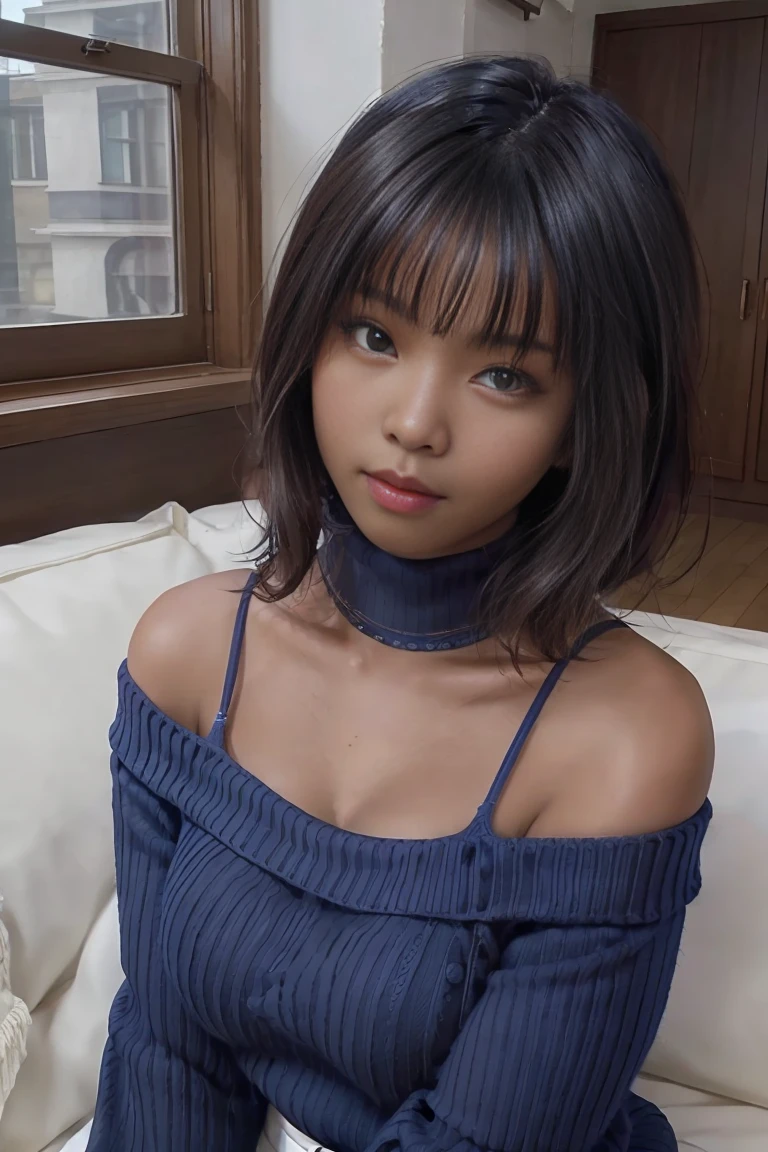 Full Body Shot, ((Beautiful black woman with perfect dark skin)), Shiny long hair in gradient blue, distinct facial features, Large and fine eyes, ((( Wearing an off-the-shoulder sweater))) Glowing flowers in the background, masterpiece, best high quality image,96k, Ultra-high resolution, Depth of written boundary, 1080P wallpaper, Spotlight, Character Focus, high quality, Very detailed, Amy Sol style UHD quality,Large Breasts,Asian,nude