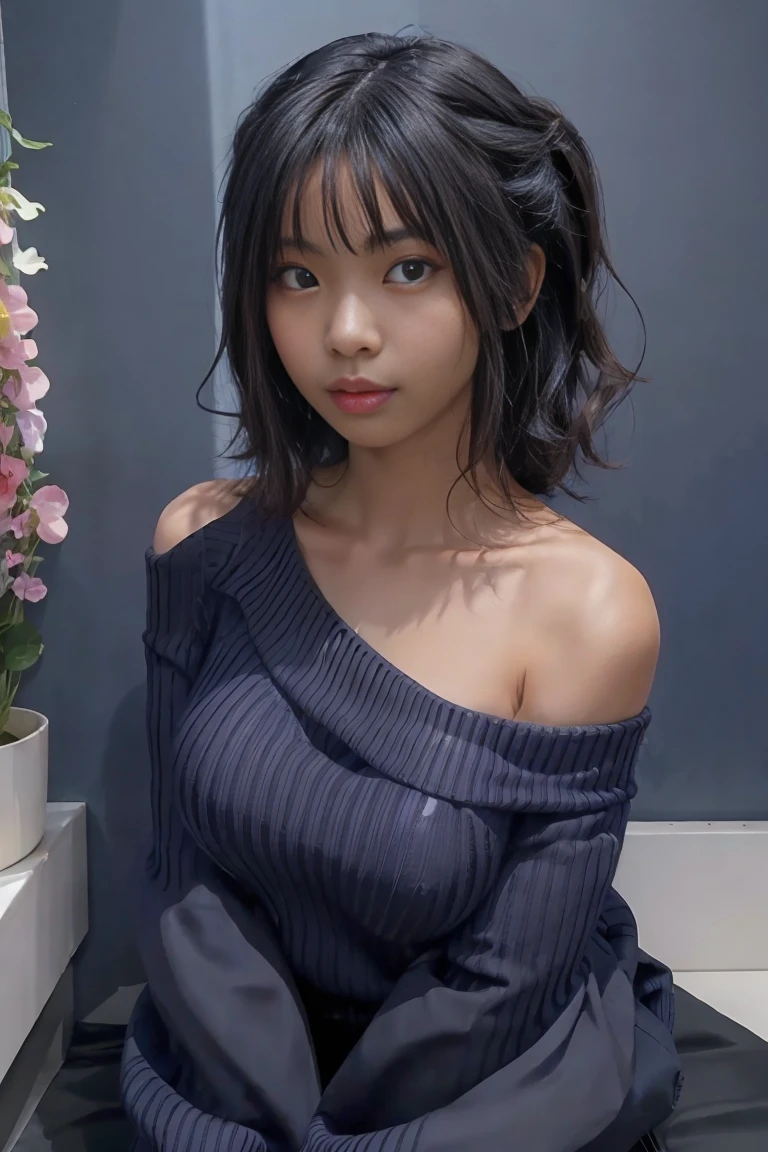 Full Body Shot, ((Beautiful black woman with perfect dark skin)), Shiny long hair in gradient blue, distinct facial features, Large and fine eyes, ((( Wearing an off-the-shoulder sweater))) Glowing flowers in the background, masterpiece, best high quality image,96k, Ultra-high resolution, Depth of written boundary, 1080P wallpaper, Spotlight, Character Focus, high quality, Very detailed, Amy Sol style UHD quality,Large Breasts,Asian,nude