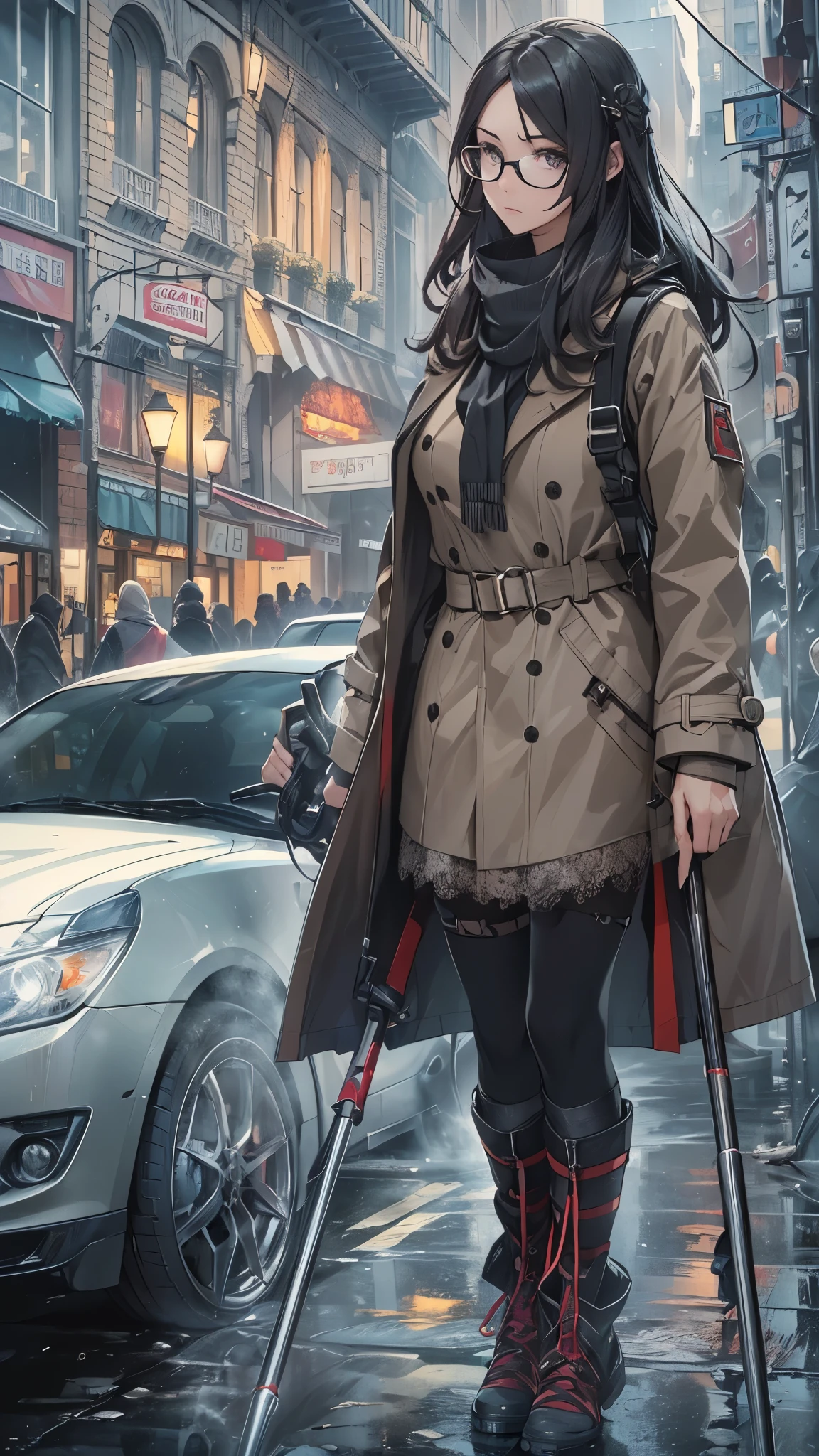 (Very detailed, Realistic), Cityscape, [moderately:Oil], [Professional:1.1], [Physically Based Rendering], [Bright colors], [Sharp focus], [Studio Lighting], [Extreme Detail], [Highest quality,4K,8K,High resolution,masterpiece:1.2],(Detailed face),((inside the street)),((there is many peoples in the street)),((One 18-year-old woman)),(Glasses),(Black unkempt hair),(dark),(it hurts),(Scary),[Nervous eyes],((many peoples are watching her of crutche’s user)), ((many peoples are watching her of crutche’s user)), ((many peoples are watching her of crutche’s user)),((She walks with crutches,Crutch length from armpit,Crutches are at her side)),((she’s putting on her legs in cast)),((leg braces)),((leg braces)),((she’s crutches user)),((Her feet are turned inwards)),(winter clothes ladies fashion,trench coat,tights),((lace-up-long-boots)),(gloves,Knee pads),.