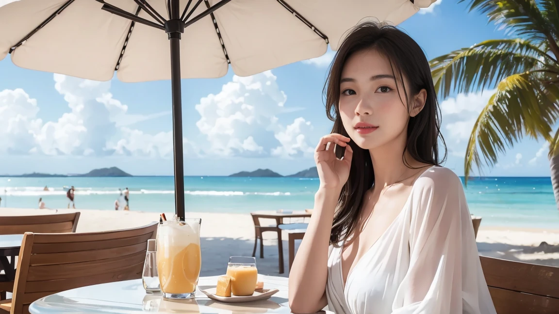 Woman at a cafe on the beach、front、Portrait、Parasols on the open terrace1t、Tropical drinks on the table、Summery white clothes、(Photorealistic:1.5)、High image quality like that of a single-lens reflex camera、Highest quality、Ultra-high resolution、 (Photorealistic: 1.5)、16K resolution