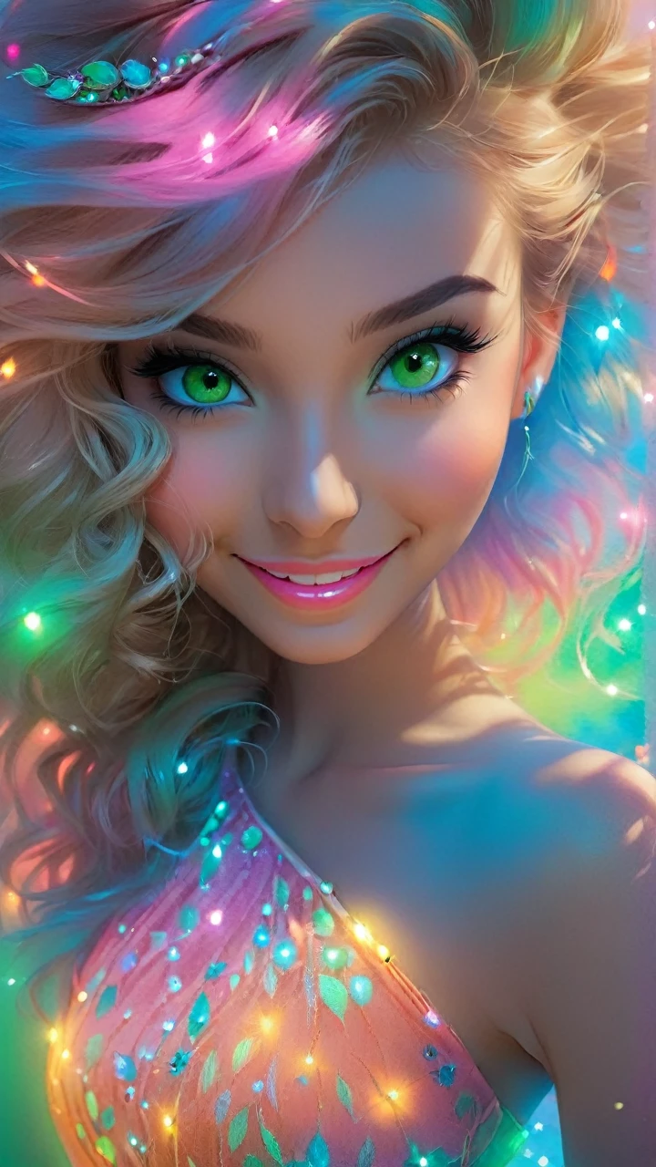 Beautiful girl 20 years old ,smile,eyes are green ,bright makeup,смотрит пол оборота лицо