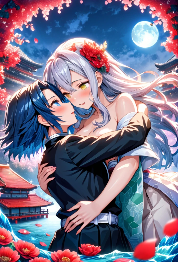 Ultra detailed, highres, absurdres, HDR, master piece, anime girl, pretty woman with white long hair with red streaks, girl with yellow eyes, black demon slayer uniform, Kimetsu No Yaiba, fantasy, petals, red flowers, pretty, Tomioka Giyu deep blue eyes, Water Hashira huging, romance, magic, moon, best quality, extremely detailed face, love, passion, romance, anime, they are realy in love, love hug