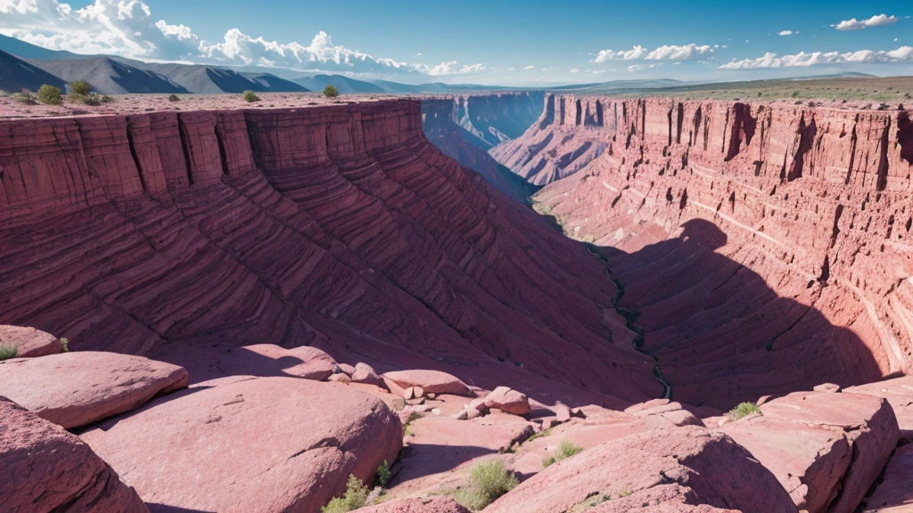 Huge valley,Layered rocks,Pink vegetation