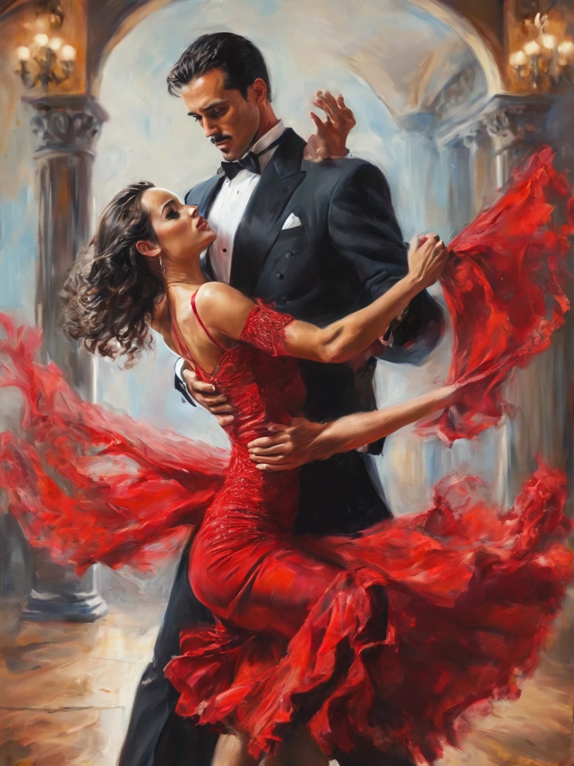 Color photograph of a beautiful artwork illustration, (portrait composition:1.5), a couple of ballroom dancers dancing together tango, Beautiful woman in red dress, Latina, highly detailed face, Perfect Makeup, long legs, low back cut, BREAK good looking man, high, black tuxedo, BREAK ((Best quality)), ((masterpiece)), (detailed)