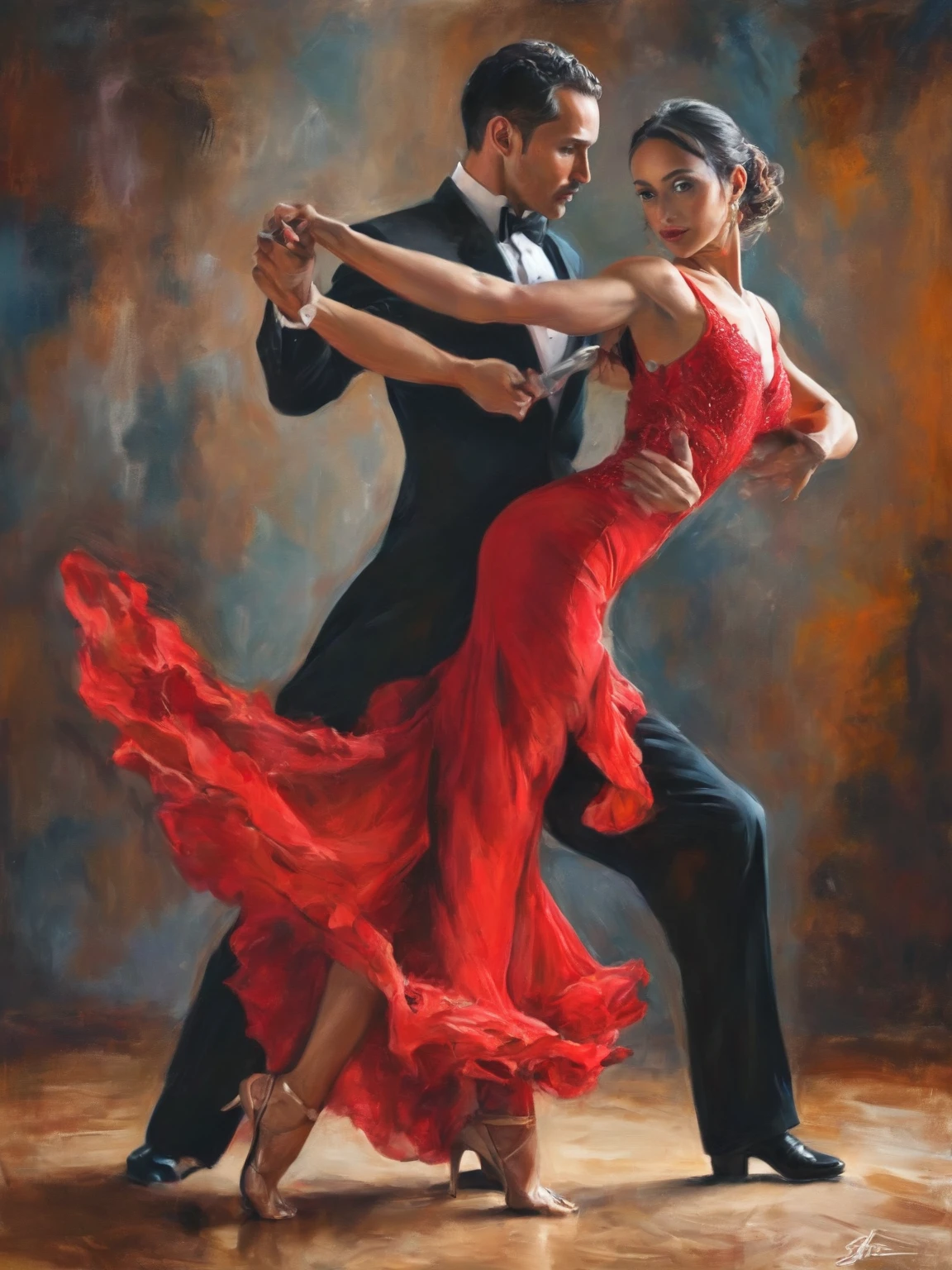 Color photograph of a beautiful artwork illustration, (portrait composition:1.5), a couple of ballroom dancers dancing together tango, Beautiful woman in red dress, Latina, highly detailed face, Perfect Makeup, long legs, low back cut, BREAK good looking man, high, black tuxedo, BREAK ((Best quality)), ((masterpiece)), (detailed)