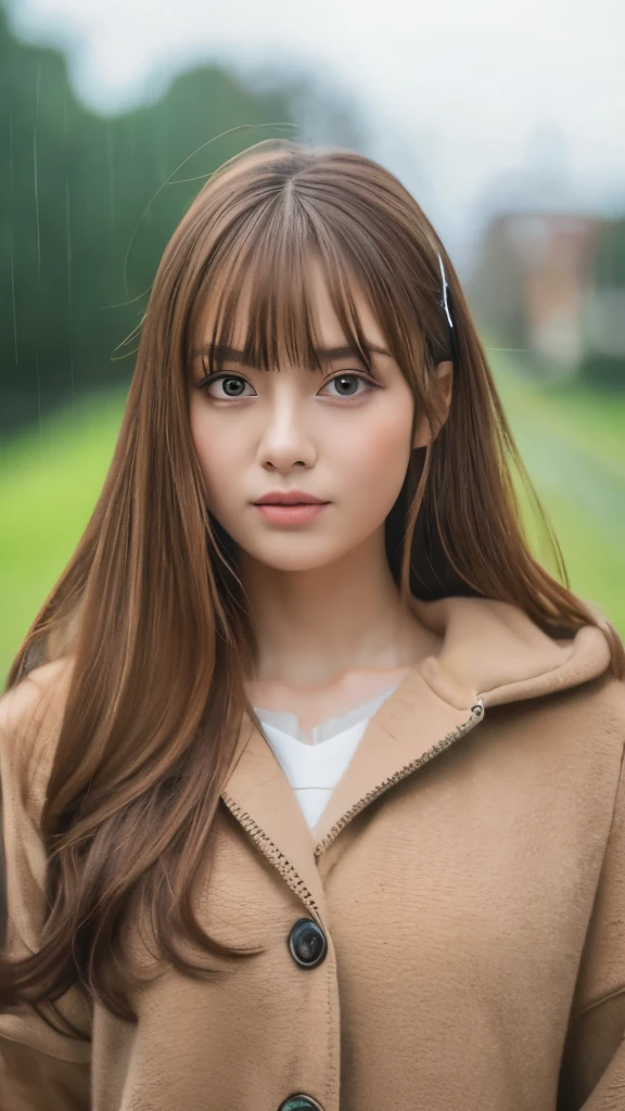 Best quality, 8k, ,Masterpiece :1.3)), facing viewer,((full body1.2)) ,pretty woman, wide shot ,1girl, , , rainy, , brown hair , bangs,ultra-detailed face, highly detailed lips, detailed eyes, double eyelid