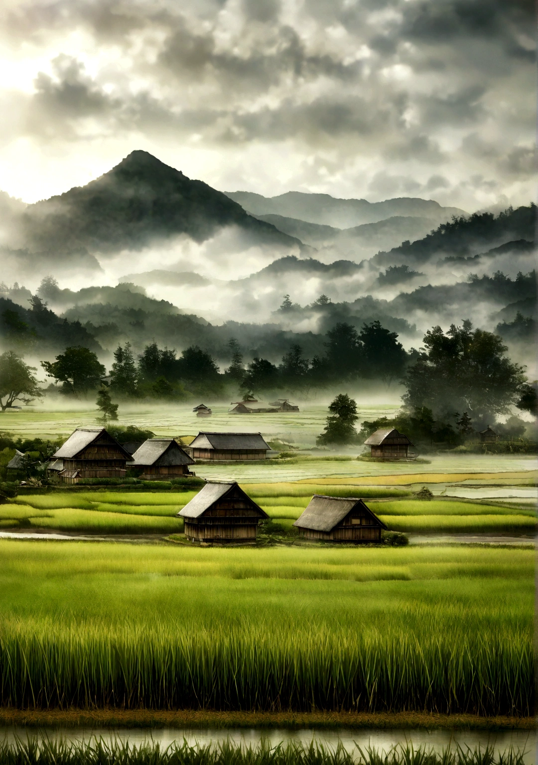 masterpiece、Realistic、Actual photo、segment々Field、Mont、lodge、rice Fields、rice Fields、Beautiful rice seedlings in rice Fields、Drizzle、village、agriculture、Quiet landscape、Foggy weather、広大なQuiet landscape、early morning、Morning Mist、小さなvillageの裏、Foggy、Japanese countryside、thatched roofs 、