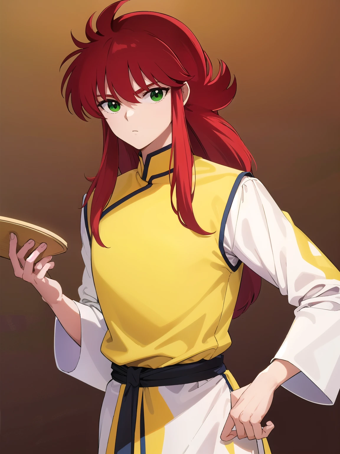 kurama, kurama, long hair, red hair, bangs, (green eyes:1.5), (retro artstyle:1.5), 1990s \(style\),
BREAK long sleeves, pants, chinese clothes, white pants, (yellow shirt:1.5), (white sleeves:1.5), (pelvic curtain:1.2), sash, sleeveless shirt, (((wood background)))
BREAK looking at viewer, cowboy shot,
BREAK (masterpiece:1.2), best quality, high resolution, unity 8k wallpaper, (illustration:0.8), (beautiful detailed eyes:1.6), extremely detailed face, perfect lighting, extremely detailed CG, (perfect hands, perfect anatomy),