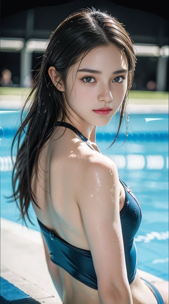 (raw photo: 1.2), highest quality, beautiful and detailed girl,, from below, double tail, Highly detailed eyes and face, beautiful detailed eyes, huge file size, high resolution, 8K wallpapers, fine details, Highly detailed ticker uniform 8k wallpaper, shine a light on the face, movie lights, 20 year old girl, sexy pose, (photorealism: 1.4), illustration, super detail, table top, playboy、((random color swimsuit、School swimming pool、wet、chest concentration、face))