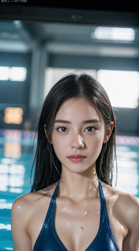 (raw photo: 1.2), highest quality, beautiful and detailed girl,, from below, double tail, Highly detailed eyes and face, beautiful detailed eyes, huge file size, high resolution, 8K wallpapers, fine details, Highly detailed ticker uniform 8k wallpaper, shine a light on the face, movie lights, 20 year old girl, sexy pose, (photorealism: 1.4), illustration, super detail, table top, playboy、((random color swimsuit、School swimming pool、wet、chest concentration、face))