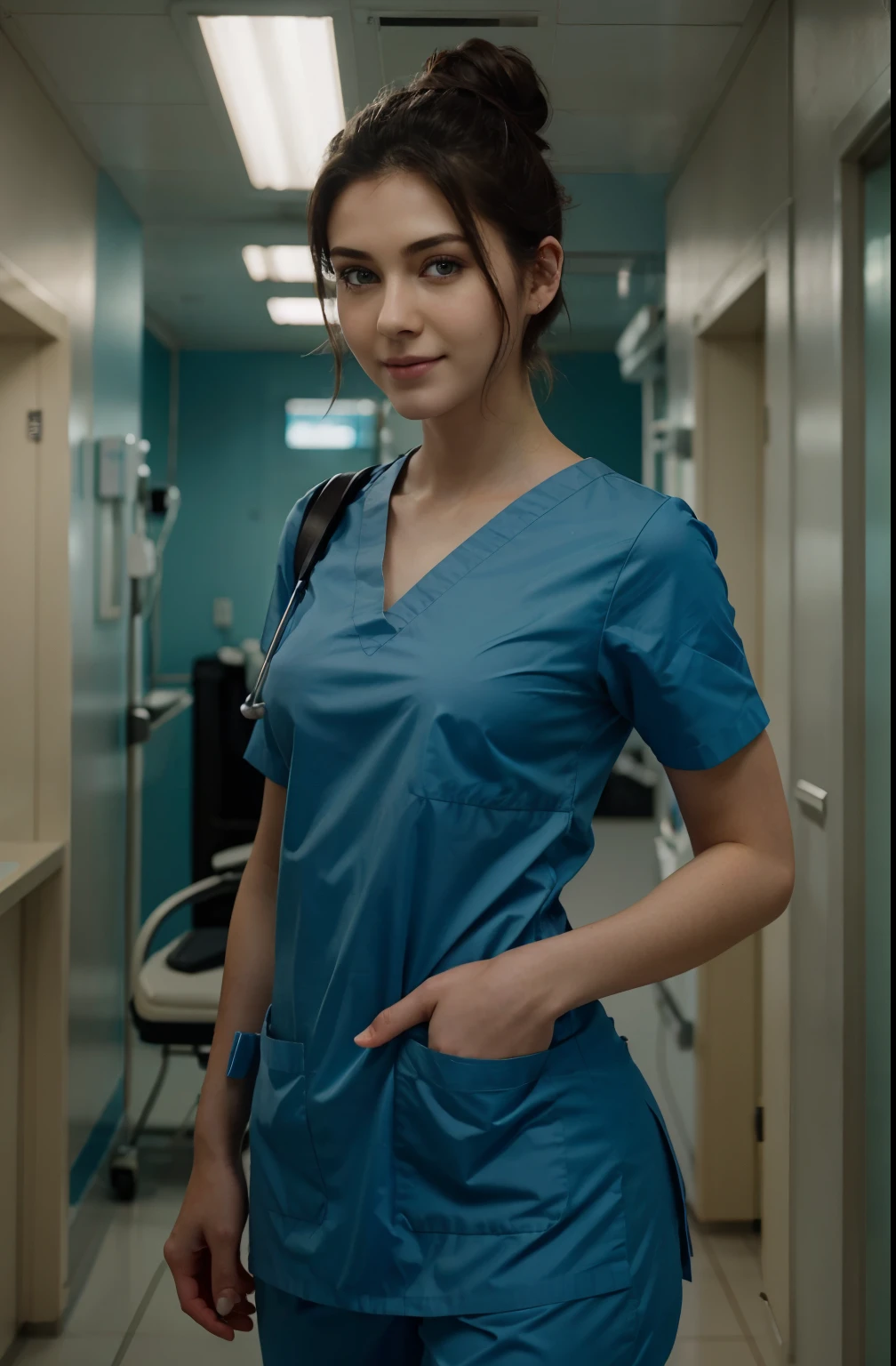 Ultra realistic, Cinematic , surgical nurse, scottish teeanger girl,working in surgery, ,  body, pale skin, beautiful face, big smile, detailed face, ultra soft and ultra light slight small blue women hospital scrubs, dark royal-blue, ocean blue hospital scrubs, wide angle showing full body,  hospital ward, people, bokeh wearing dark-teal surgical scrubs, wide angle, showing full body, short hair tied up, hair bun, hair tied as chignons