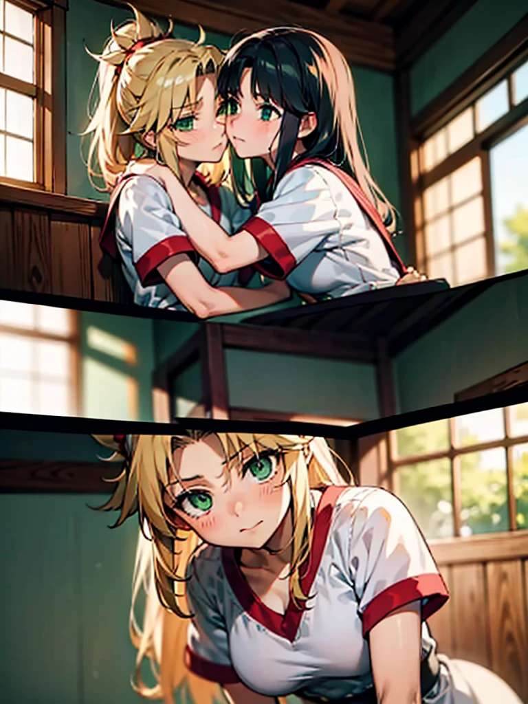 (masterpiece、top-quality、hight resolution、Unity 8k Wallpaper、extremely details CG:1), From the perspective of the person looking at their lover: A lover looking at you with a gaze and attitude that clearly shows they are seeking an embrace and a kiss. The lover's eyes are filled with longing and affection, their body language open and inviting. They might have a slight blush on their cheeks, adding to their charm. The setting is intimate, perhaps a cozy room or a secluded outdoor spot, enhancing the romantic atmosphere. You can see their entire upper body, capturing their yearning expression and inviting posture. modred, (green eyes:1.5), blonde hair, ponytail, short hair, scrunchie, red scrunchie, hair scrunchie,