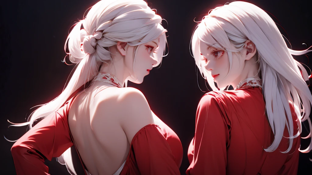 1 Girl, medium light white hair, light white eyes, wearing Red Suit 4D , night TOWN 18+, high res, ultrasharp, 8K, masterpiece, looking from behind