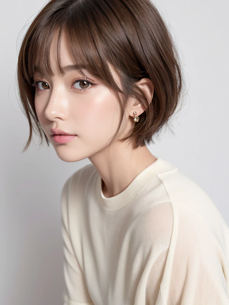 (Highest quality、Tabletop、8K、Best image quality、Award-winning works)、((profile:1.4))、ear、((short hair:1.46)),(Brown Hair)、(White casual wear:1.2)、(The simplest pure white background:1.3)、(Perfectly fixed in front:1.1),(Portrait with Space:1.2)、Beautiful and exquisite、Perfect Makeup、Ultra-high definition beauty face、Ultra HD Hair、Ultra HD Shining Eyes、Super high quality glossy lip、Accurate anatomy、Very beautiful skin、(Pure white skin shining in ultra-high resolution:1.1)、(Very bright:1.2),Big Natural Color Lip、Lip gloss,Harajuku、cute、cute美人、One Girl, 30 years old, Square face, Long Hair, View your viewers, jewelry, reality, sexy, Short skirt outfit, Classroom Background , Free pose