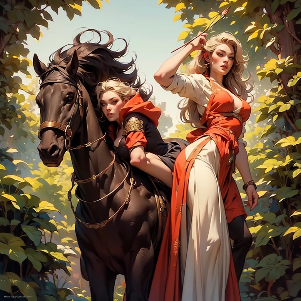 Archer with an arrow nocked on his long bow and aiming at his prey: 1.4_elf on horseback, medieval fantasy archer: 1.3, detailed facial features, beautifully detailed eyes, beautifully detailed lips, highly detailed face, long eyelashes, flowing hair, large breasts, slim waist, big butt, ideal proportions, archer pose: 1.3, medieval skimpy dress, leather armor, deep forest background, golden hour lighting, cinematic composition, muted color palette, warm tones, vibrant colors, dramatic lighting, photorealistic, 8k, high quality, intricate details, masterpiece, concept art, mounted archery
