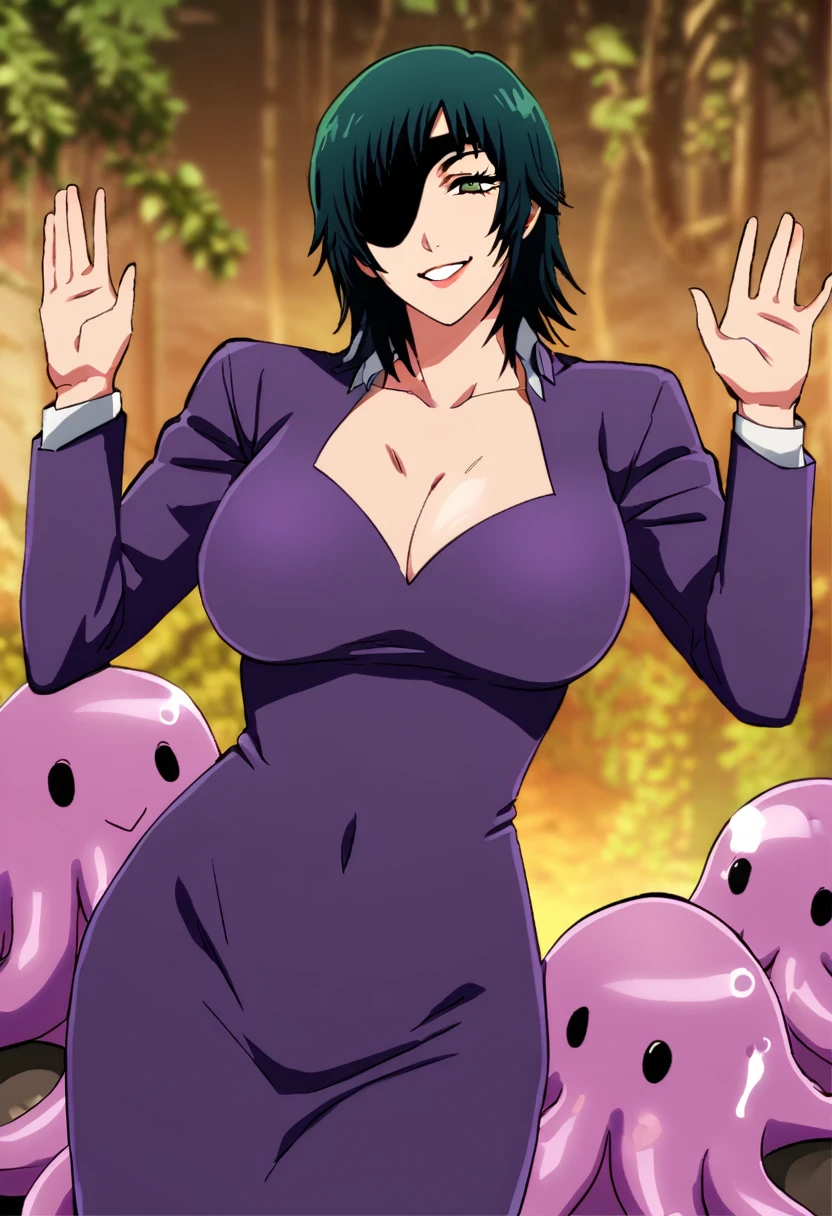 mature female, mature, Adult,((Himeno_CSM)), Himeno(Chainsaw Man), Eye patch, One Girl, solo, Grin, Villain, bad woman, chest, Black Hair, View your audience, short hair, Seductive smile, A woman is dancing around a group of smooth octopuses, dynamic,  (a large number of octopuses entangled in the body), (lots of octopus), (My chest is being massaged by an octopuses), holding octopuses on both hands, closed legs, Raise arms, jungle Background, at Night, Purple leotard, sweet, Steam, dripping, Dark atmosphere, masterpiece, Top animation quality，Top image quality,