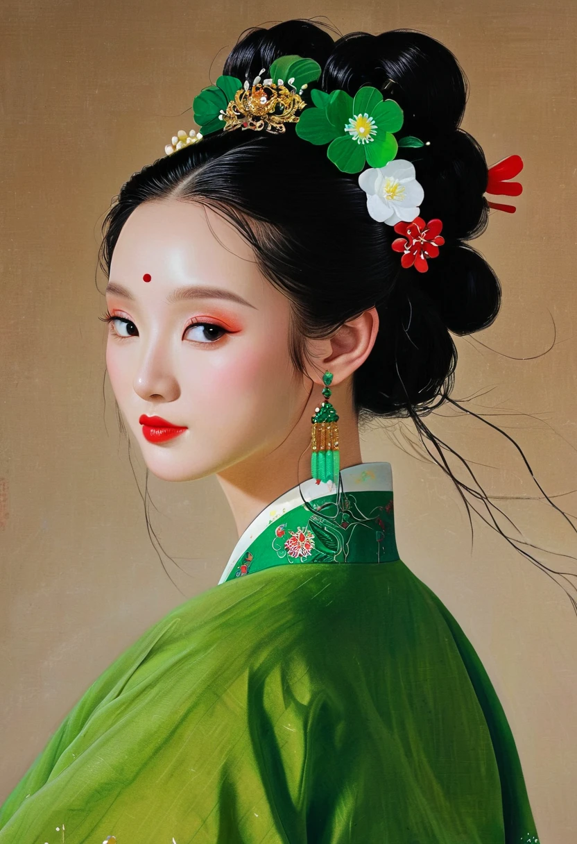 a close up of a woman in a green dress with a flower in her hair, palace , a girl in hanfu, ancient chinese princess, chinese princess, ancient chinese beauties, ancient china art style, ancient asian dynasty princess, wearing ancient chinese clothes, beautiful character painting, by Qu Leilei, inspired by Qiu Ying, chinese painting style, by Li Fangying