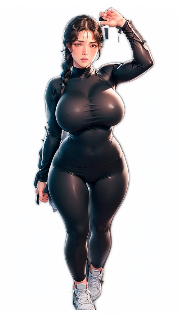 (（（Perfect body,White and tender skin,（（（Black yoga suit, long sleeved yoga suit, yoga pants，White sneakers）））,（（（brown eyes, braid, long hair, braided ponytail, single braid, hair over shoulder, bangs, blush, lips）））,((masterpiece)),highres,((Best quality at best)),masterpiece,quality,Best quality,(（（ Exquisite facial features,Looking at the audience,There is light in the eyes,(（（frown，blush））），whole body，Standing）））,（（（Light and shadow,Huge breasts,）））,（（（Looking at the camera,White background)））)