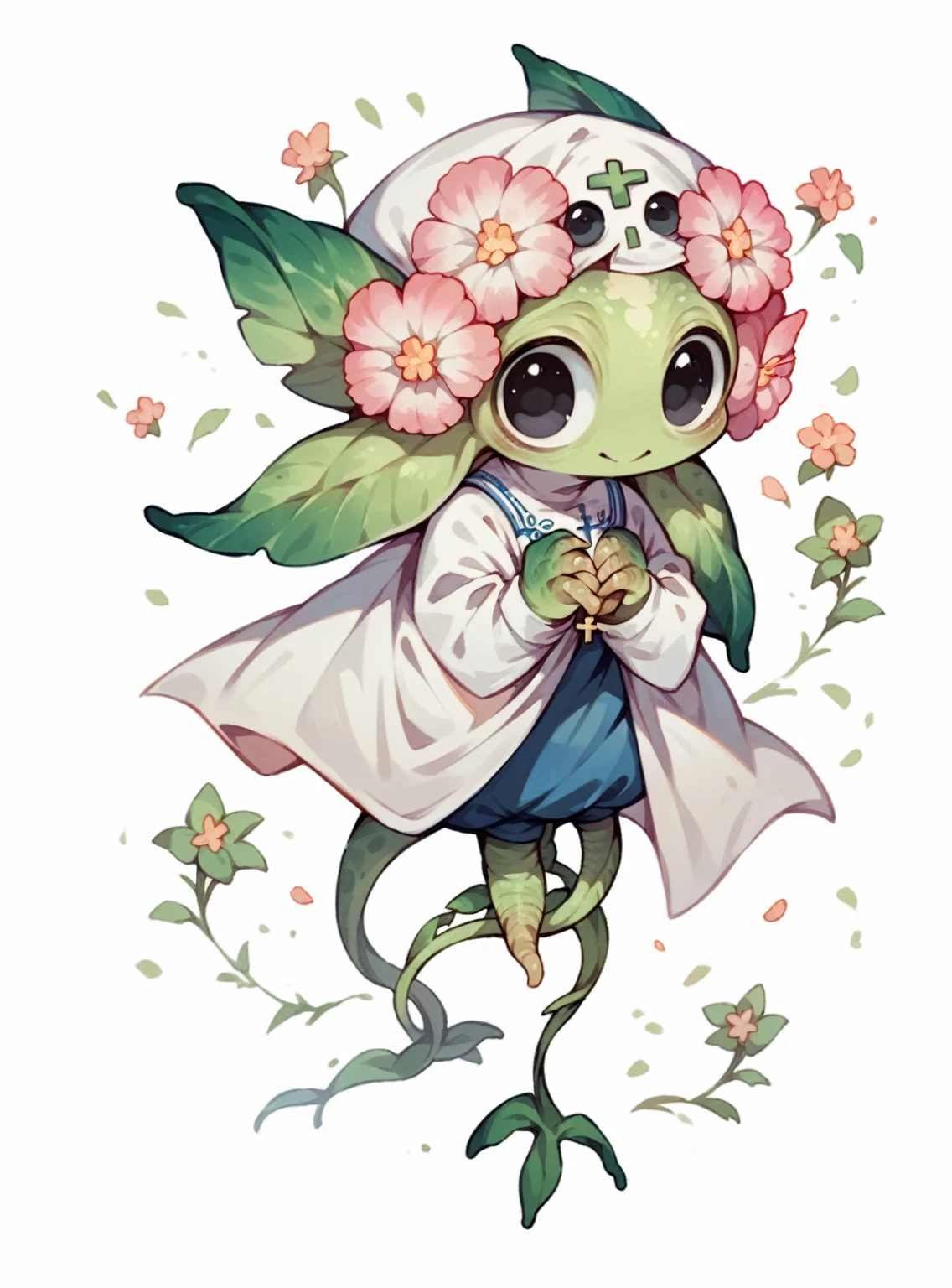 (Cute flower monster:1.5), (Cestrum nocturnum in her head:1.2), big eyes, full black eyes, cleric outfit