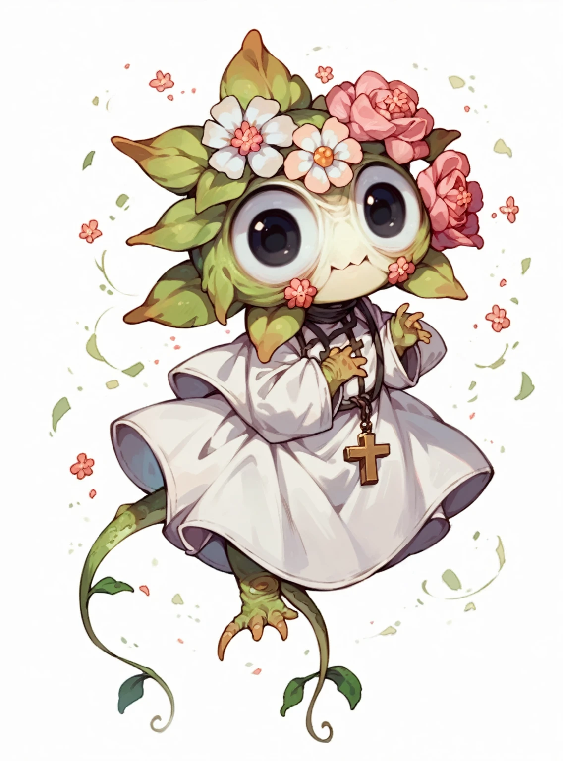 (Cute flower monster:1.5), (Cestrum nocturnum in her head:1.2), big eyes, full black eyes, cleric outfit