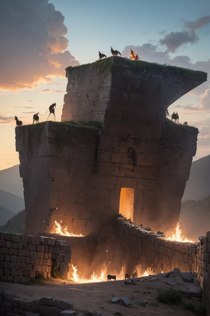 Build a gigantic 75 meter wall until the end of the image, there are several knights with some horses trying to get through the wall, several knights are on fire, a parede está on fire e há várias partes cinzentas nela, the wall is made of stone and giant, around the wall it's cold with snow, there are more than 1000 riders trying to get through and several are burning, on fire, the wall is also burning in the middle of the cold