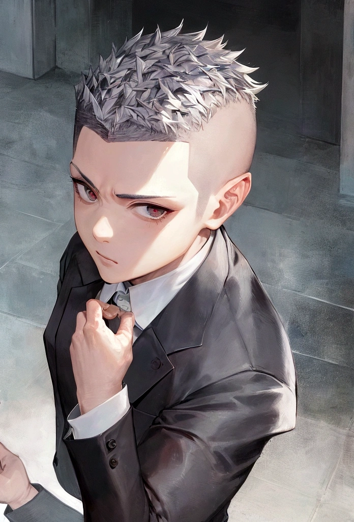 36 years old、His hair is shaved on the sides and short on top, standing up slightly.、Raised eyebrows and single eyelids、Small face and slightly long face、He looks fresh in his business suit.、The face is pretty good overall