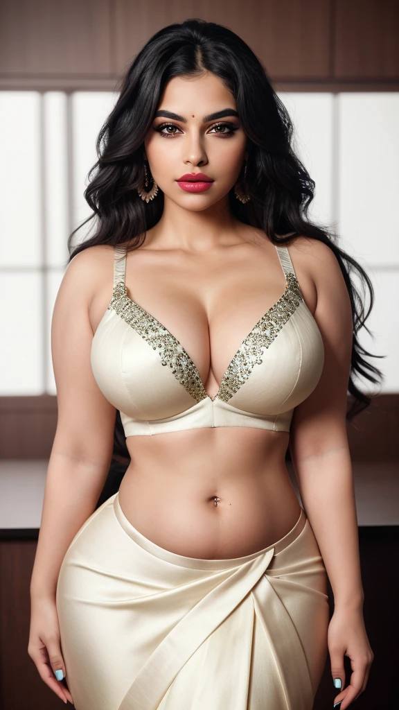 Create an 8k, best quality, Ultra, high regulation image with a zoomed-in camera, capturing a beautiful woman in UHD resolution with sharp focus. This masterpiece should have a cinematic, professional photoshoot quality, emphasizing realism. The woman should have a big, heavy-weight chest with a deep cleavage, focusing on her big, bulging, exposing chest. She should have a big, plus-size, curvy body with a plump face, beautiful lips with striking lip color, and attractive makeup, including deep eyeliner, highlighted eyeliner, light eyeshadow, long mascara, and thick lashes. The full-length frame should show a slim belly and stomach with a visible navel, a high waist, thick thighs, and a high figure. The woman's look should be beautiful and her face smooth with spotless white skin. She should have black wavy hair, styled with a bright highlight. Her eyes should be extremely detailed, with clear and unique iris patterns, bright sclera, and lively, delicate framed eyes. Her eyebrows should be thick and well-shaped. Additionally, the image should feature extremely detailed hair, eyes, ears, nose, mouth, lips, teeth, neck, shoulders, and chest. She should be wearing a saree with a bra-style blouse, posing and looking directly at the camera. The overall image should be extremely detailed in every aspect, creating a lifelike and appealing depiction.