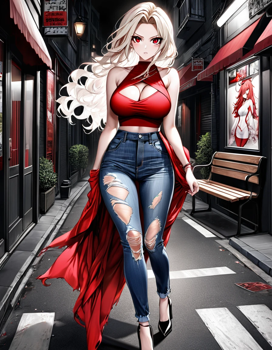 photo realism anime style Yusuke murada art Phoenix goddess alucard in fusion sarada fitness sexy big tits with cropped wavy hair v-cut dress v-cut ripped jeans wearing high heels walking on a dark dark street scared style photo realism, fully detailed drawing in black and monochromatic bench and only the strong red diamond eyes