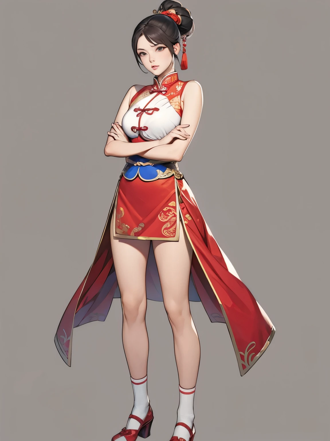 Costume,Chinese Tang Dynasty women,Short skirt,Standing,Show your shoulders,Show your arms,Show your thighs,Embroidered shoes,Ball head hairstyle,whole body,Blank Background