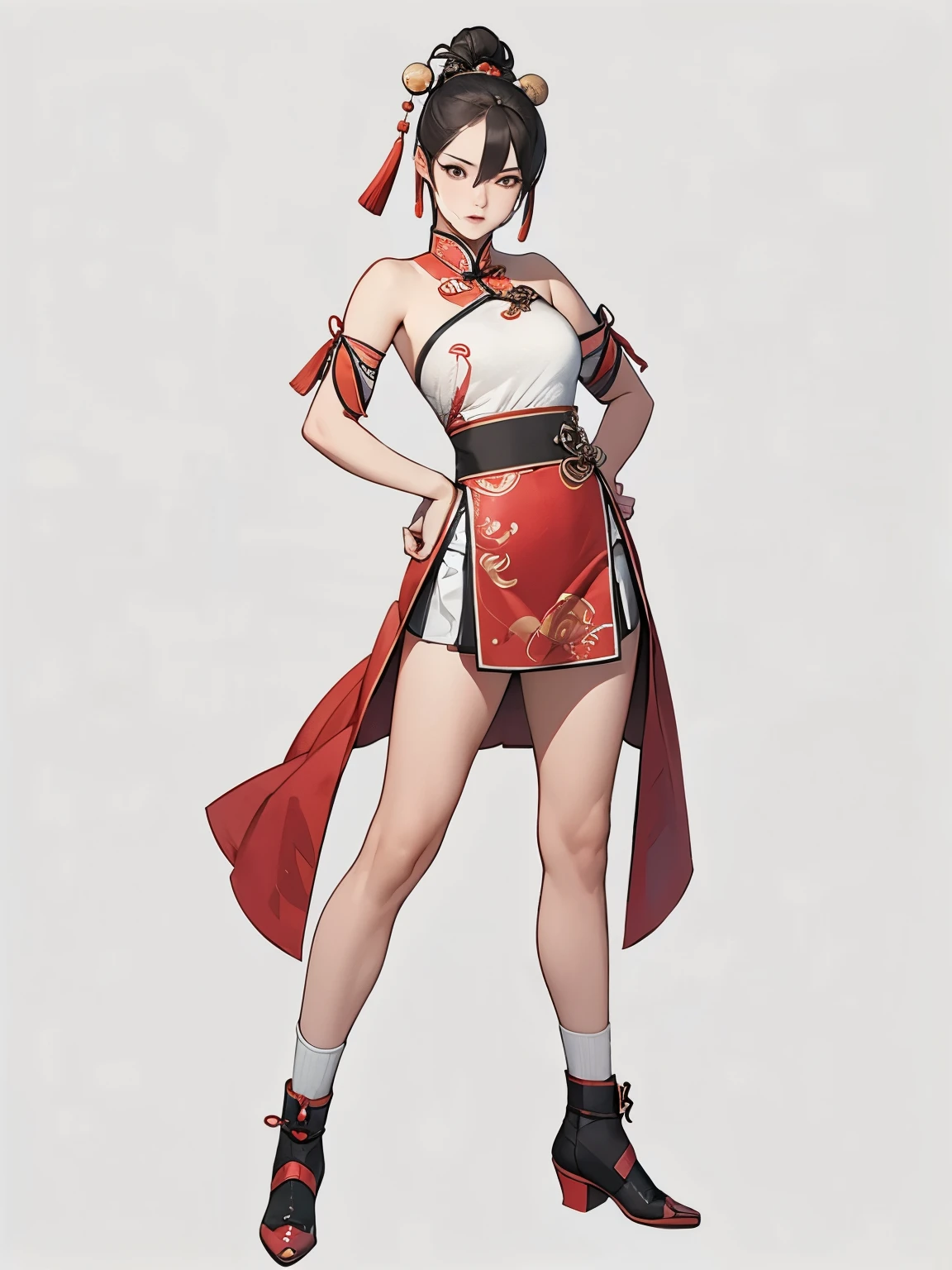 Costume,Chinese Tang Dynasty women,Short skirt,Standing,Show your shoulders,Show your arms,Show your thighs,Embroidered shoes,Ball head hairstyle,whole body,Blank Background
